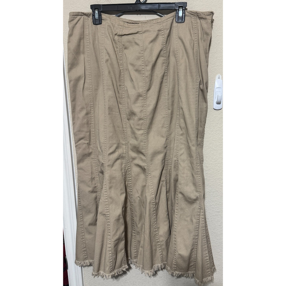 Utility Beige Denim Skirt Midi Vintage Y2K sz 18 fringe hem flare long Western
